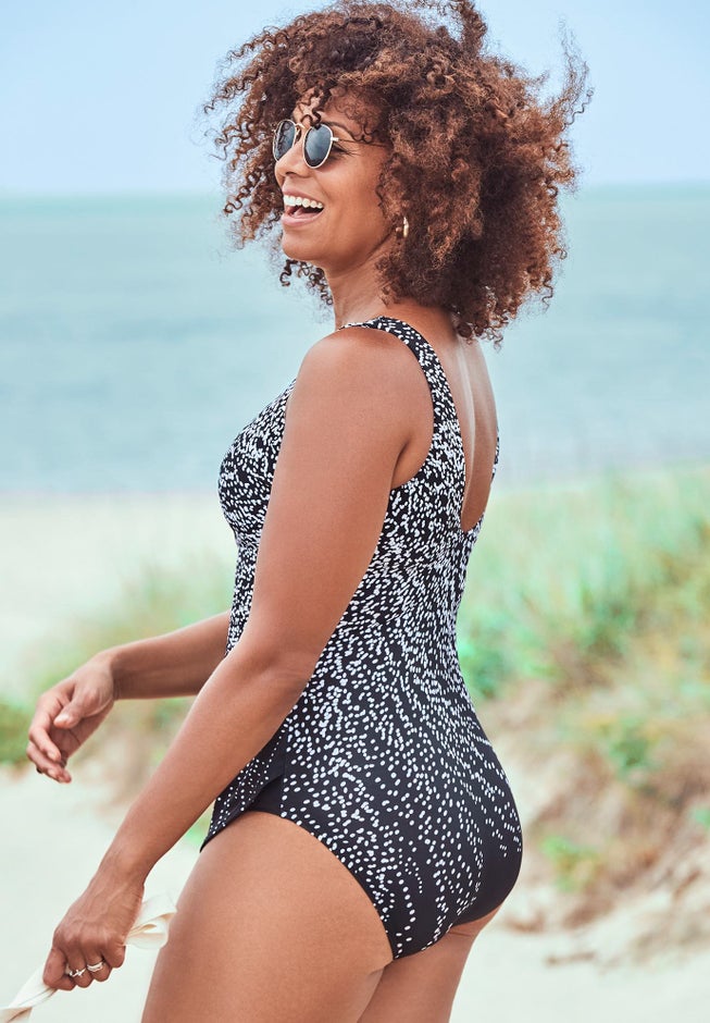 Dotted Sarong Front One Piece Swimsuit image number null