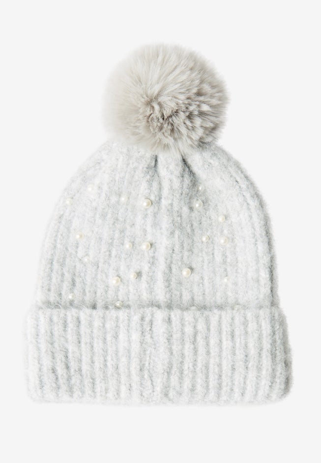 Pearl-Embellished Ribbed Beanie Hat. image number 1