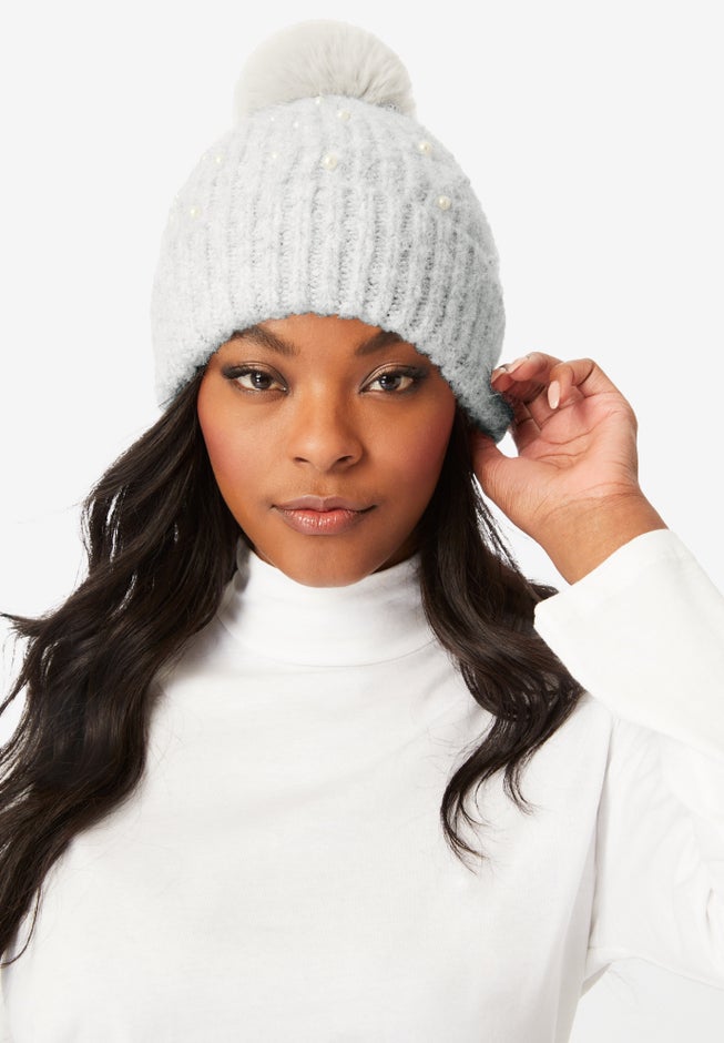 Pearl-Embellished Ribbed Beanie Hat. image number 0