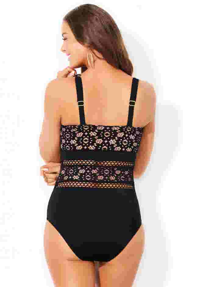 High Neck Lace Lattice One Piece Swimsuit image number 1