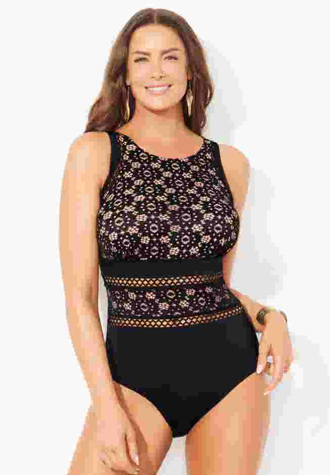 High Neck Lace Lattice One Piece Swimsuit image number 0