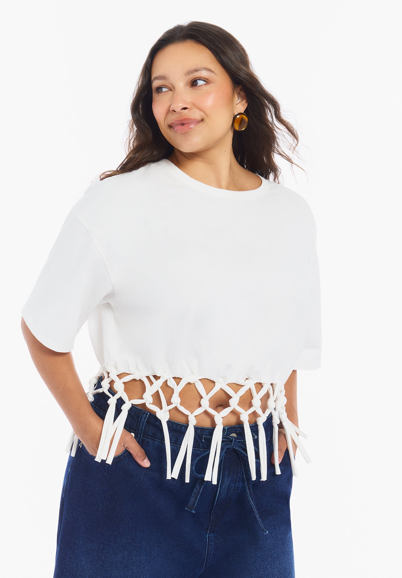 Fringe Trim Cropped Crewneck Tee image number 1