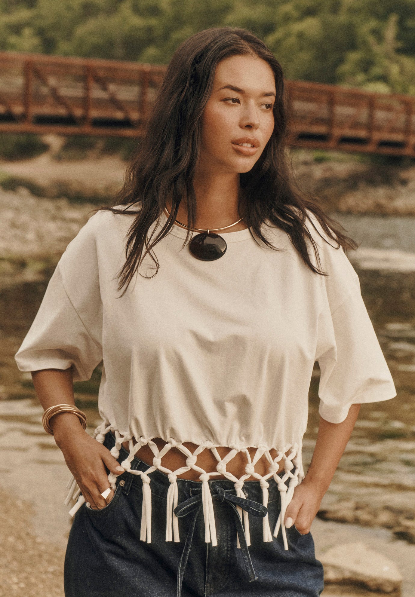 Fringe Trim Cropped Crewneck Tee image number 4