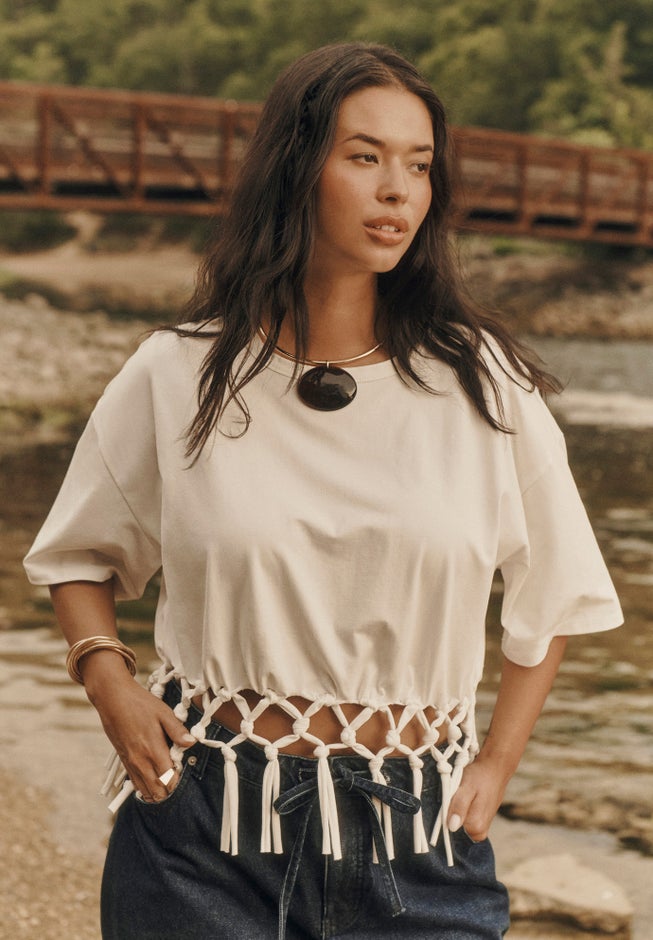 Fringe Trim Cropped Crewneck Tee image number 4