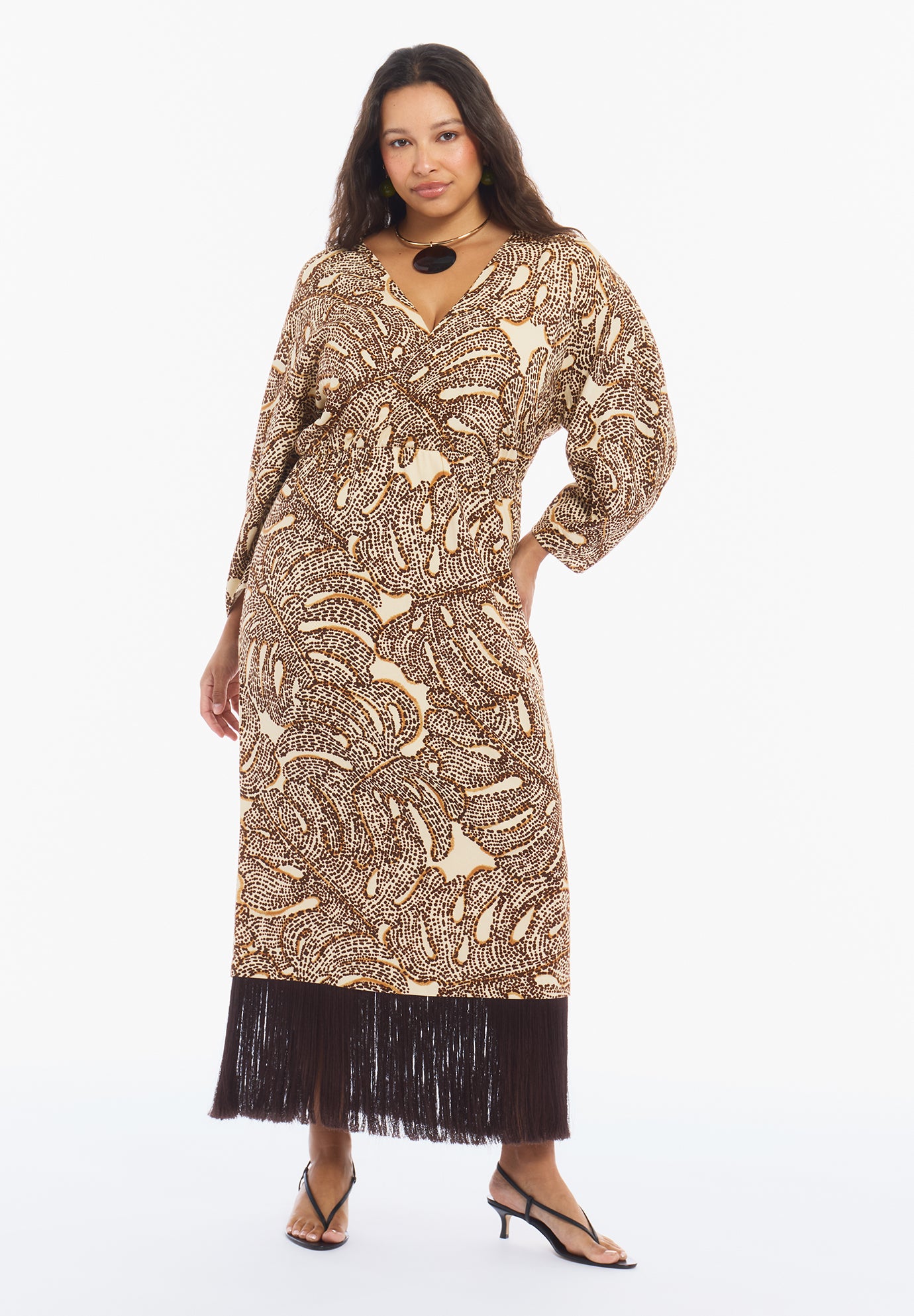 Fringe-Trim Surplice Maxi Dress image number 0