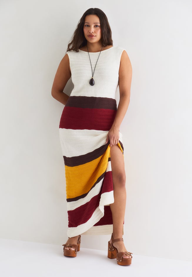 Colorblock Crochet Knit Maxi Dress image number 4
