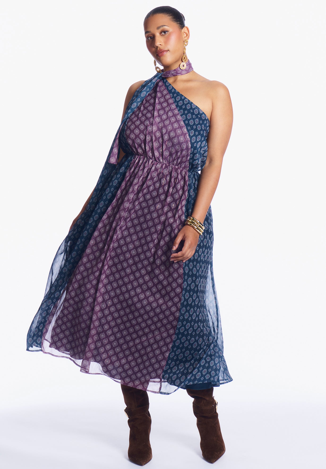 One-Shoulder Chiffon Maxi Dress With Neck Tie image number 0