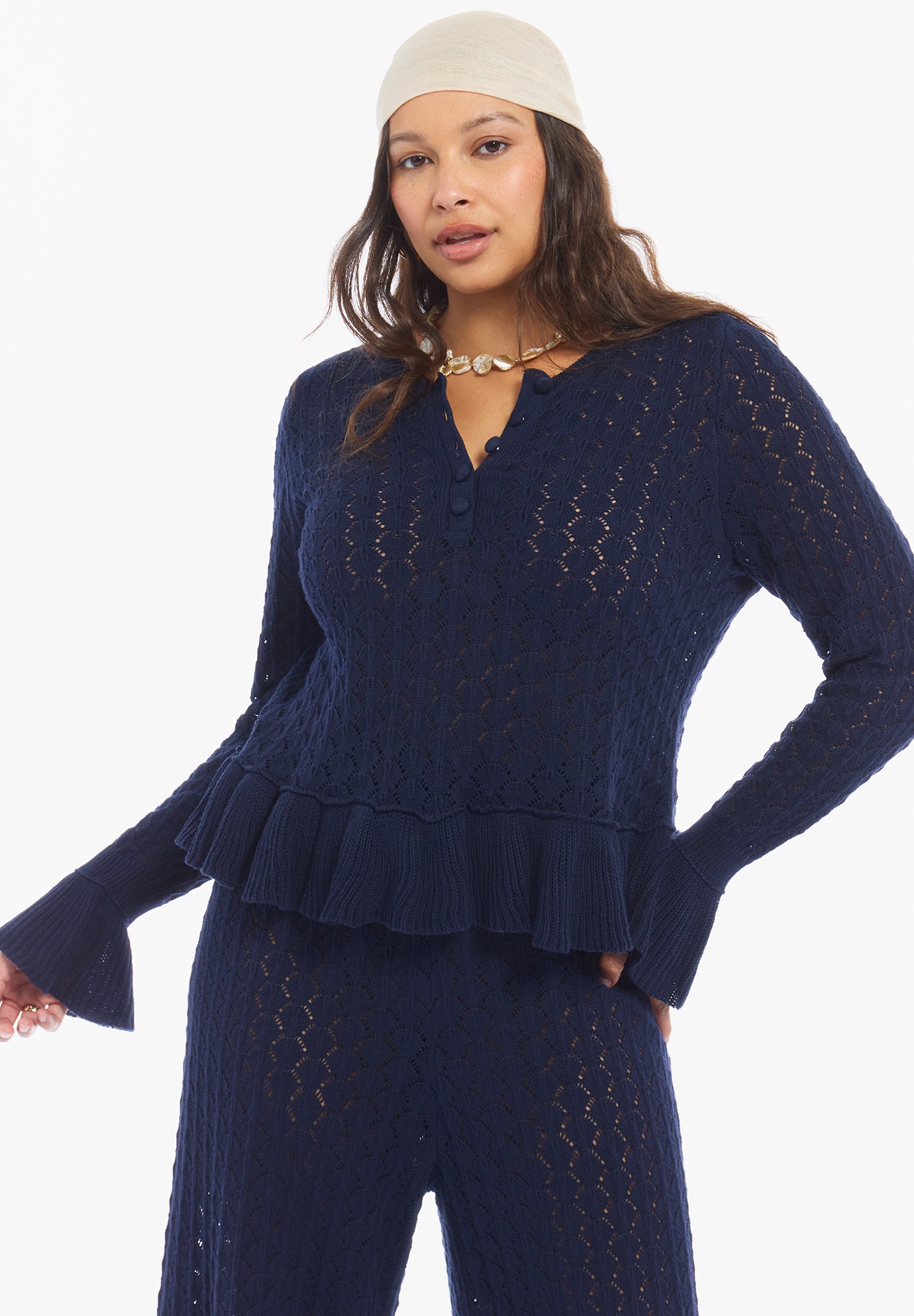 Pointelle Peplum Sweater image number 1