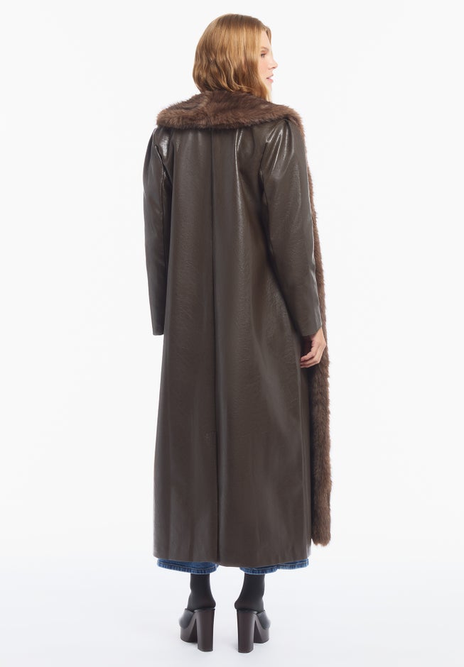 Faux Fur-Trim Faux Leather Coat image number 1
