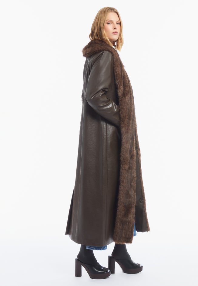 Faux Fur-Trim Faux Leather Coat image number 2