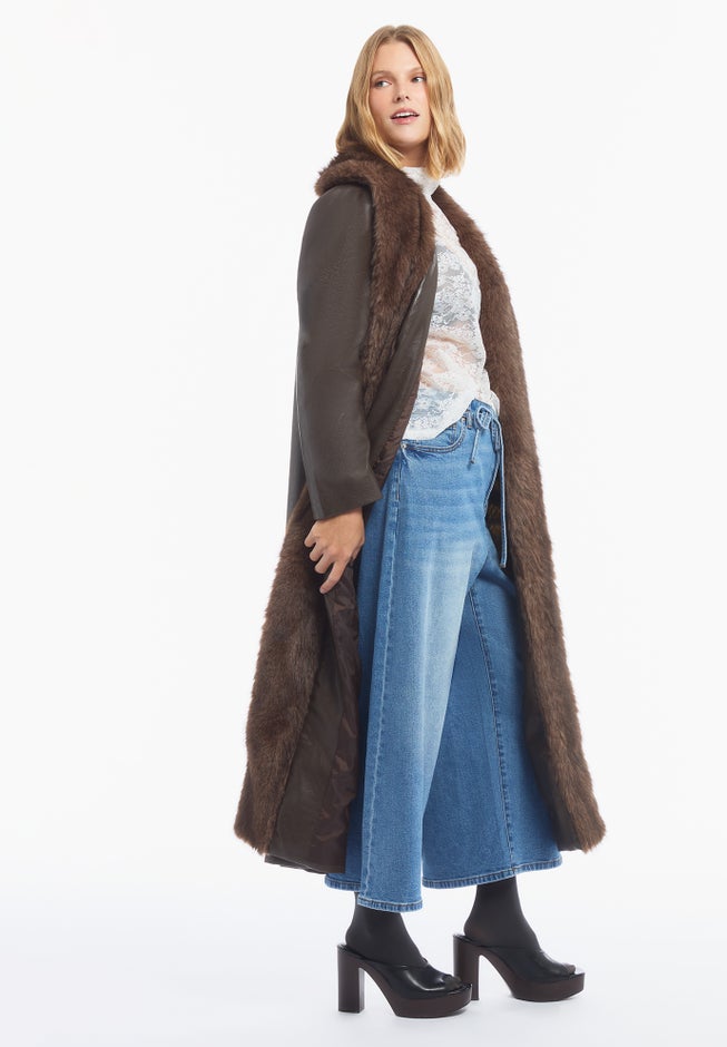 Faux Fur-Trim Faux Leather Coat image number 3