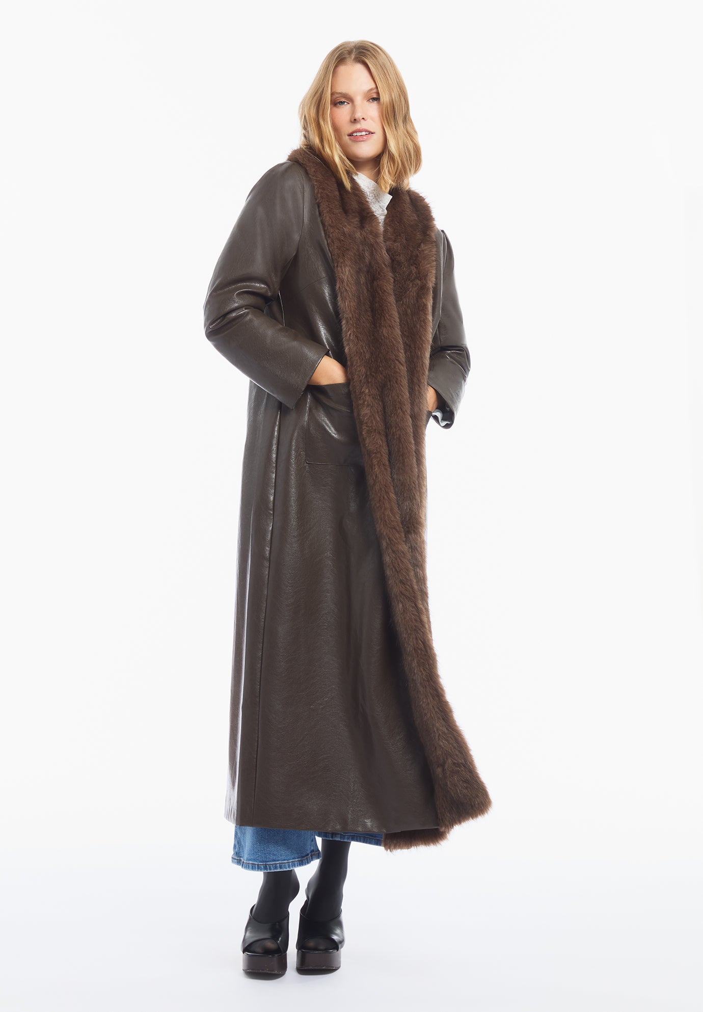 Faux Fur-Trim Faux Leather Coat image number 0